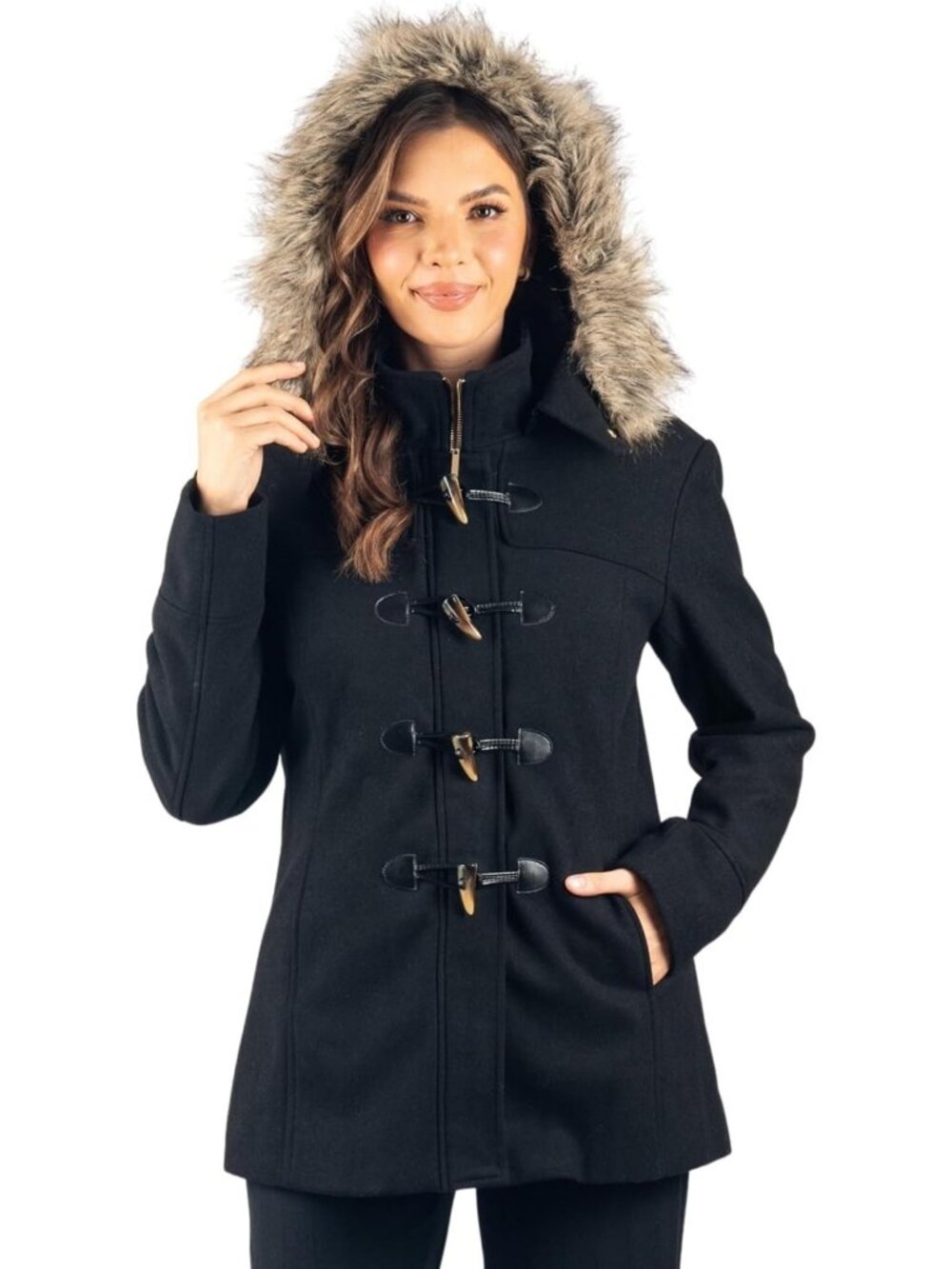 Cozy Wool Blend Toggle Coat with Removable Faux Fur Hood | Classic Mid-Thigh